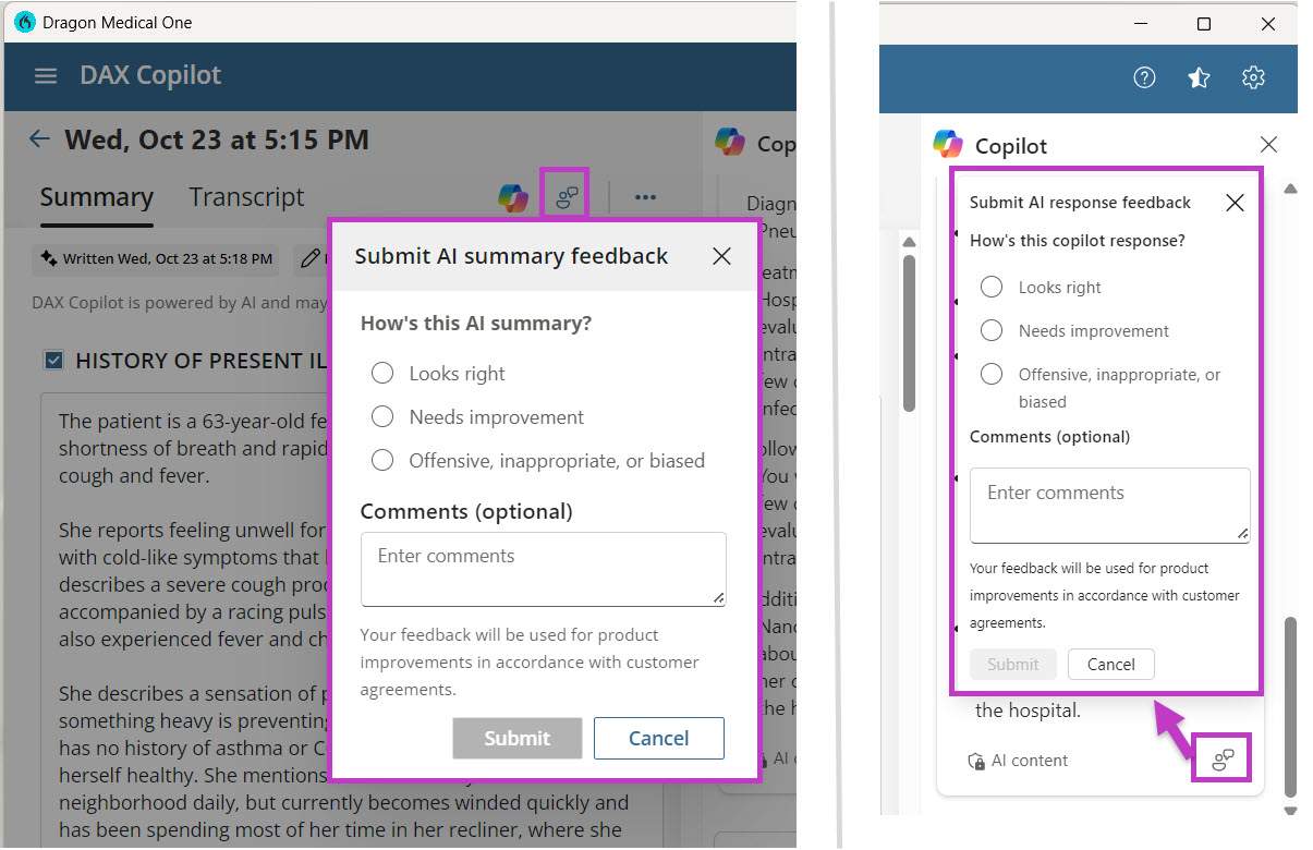 Image shows AI feedback from Summary tab (left) and AI feedback from Copilot menu (right).