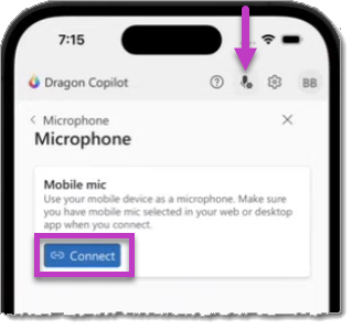 Screenshot of the Connect button on the Microphone screen in the Dragon Copilot mobile app.
