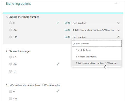 Screenshot of branching question.