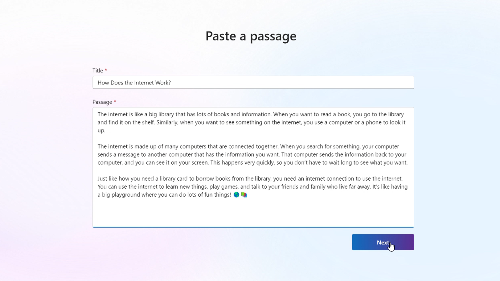 Screenshot of pasting a passage.