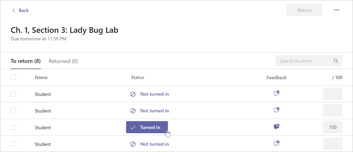 Cursor is hovering over the Turned in button inside of a selected Assignment in Microsoft Teams.