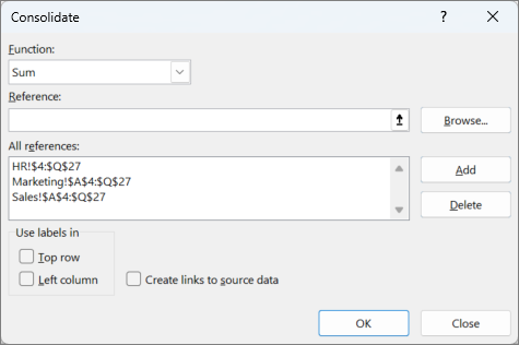 Data Consolidation dialog