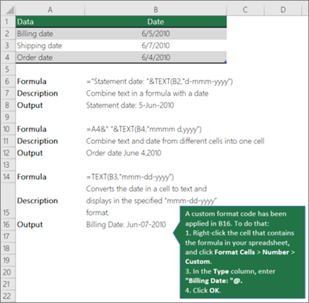 Screenshot that shows examples of how formulas can combine text with date and time values.