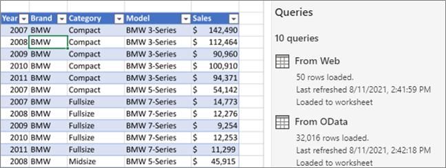 Screenshot that shows a view of a query and the Queries task pane.