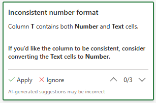 Inconsistent number format suggestion card.