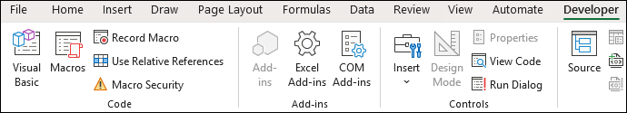 Screenshot that shows the Code group on the Developer tab.