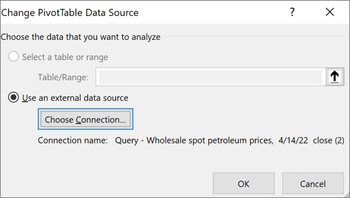 Screenshot that shows the Change PivotTable Data Source dialog box.