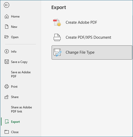 Screenshot that shows Change File Type on the Export tab.