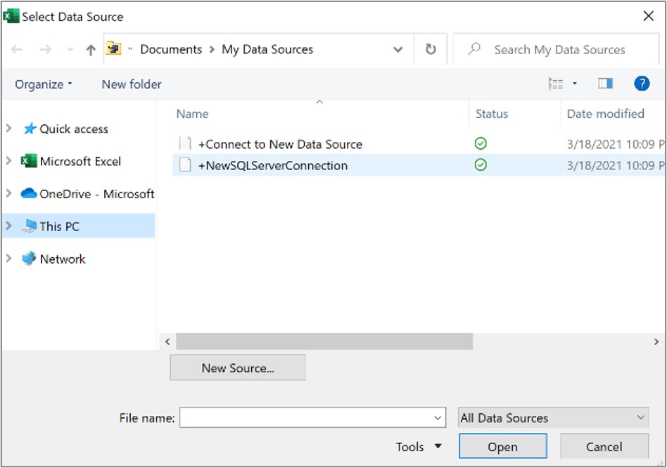 Screenshot that shows Select Data Source dialog box.