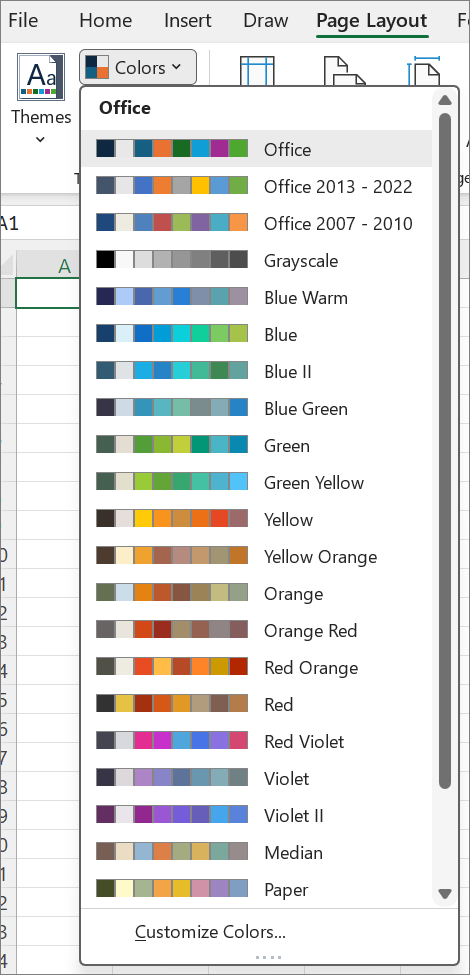 Screenshot that shows the Themes Colors gallery opened using the Colors button on the Page Layout tab.