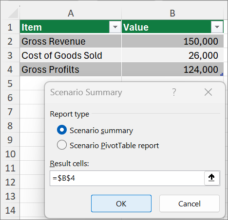 Screenshot that shows the Scenario Summary dialog