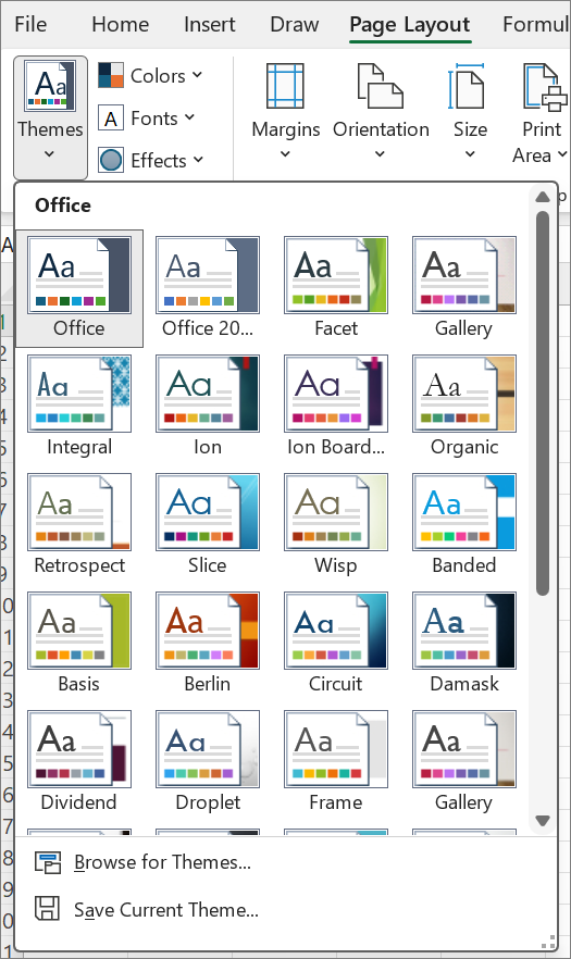 Screenshot that shows the Themes gallery on the Page Layout tab.