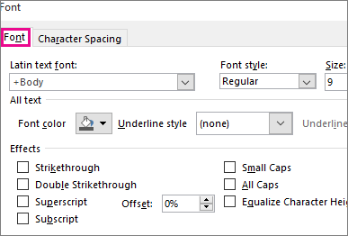 Font dialog box in Excel