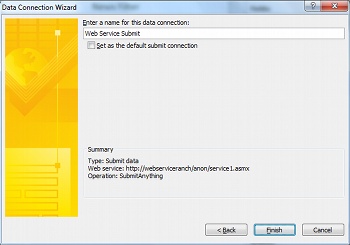 Data Connection Wizard summary for a Web service submit connection