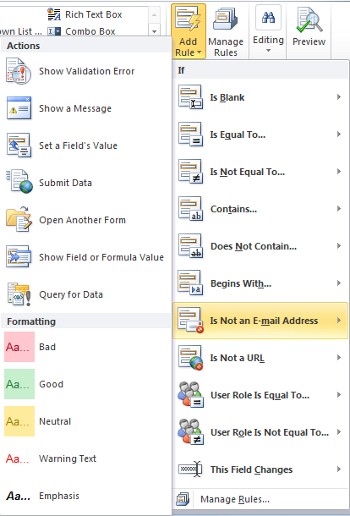 Add Rule menu with Is Not an E-mail Address selected