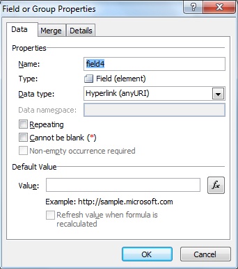 Field or Group Properties dialog for a hyperlink field