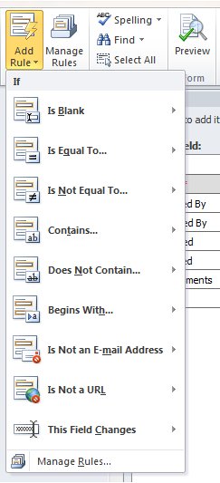 Add Rule menu with validation condition options