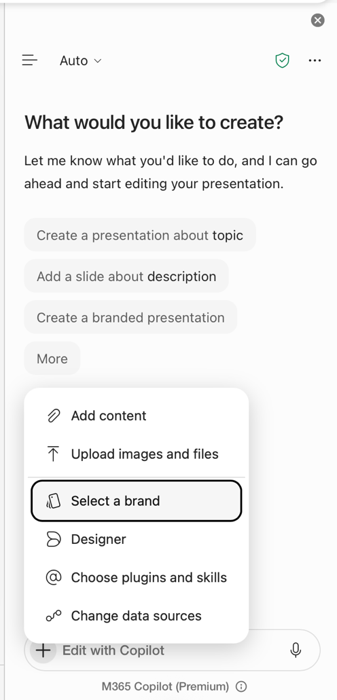 Screenshot that shows the Select brand entry point in PowerPoint Copilot.