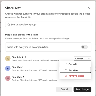 Screenshot that shows sharing settings for a Brand Kit, including people, groups, and viewer or editor permissions.