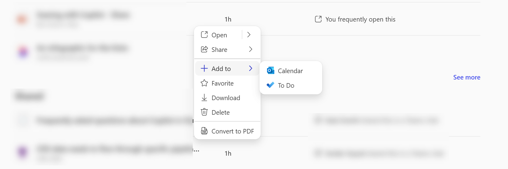 A context menu in the Microsoft Copilot app showing that you can add a file to either Calendar or To Do.
