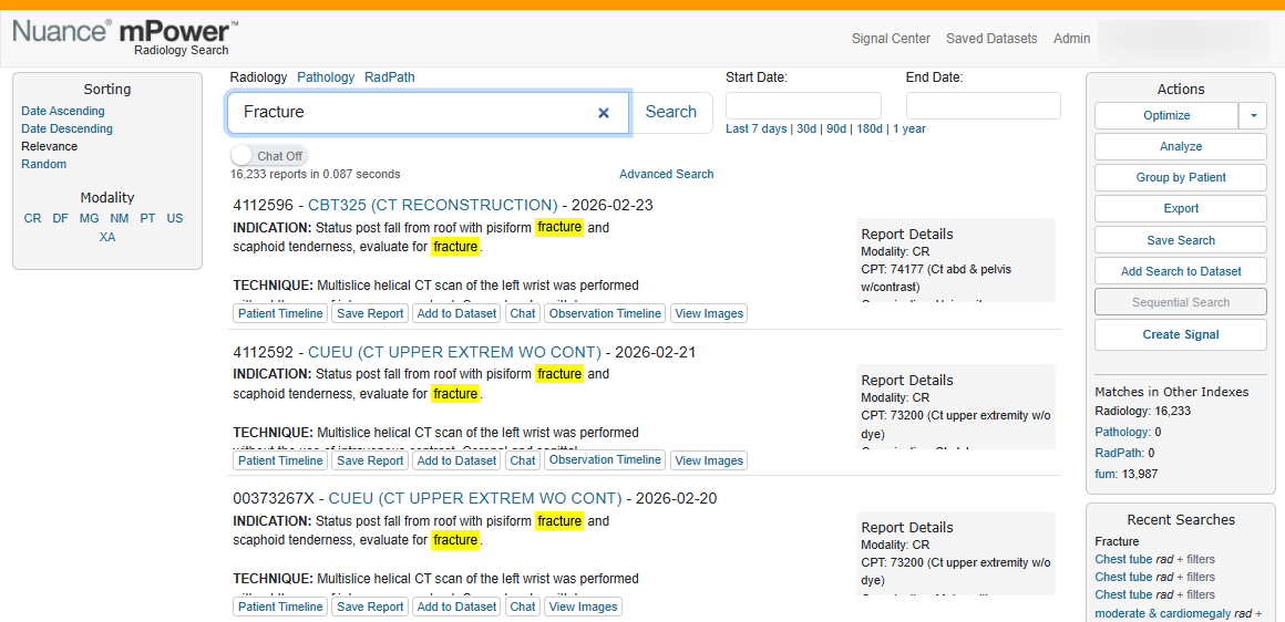 Screenshot of mPower search results for fracture with matching terms highlighted in yellow.