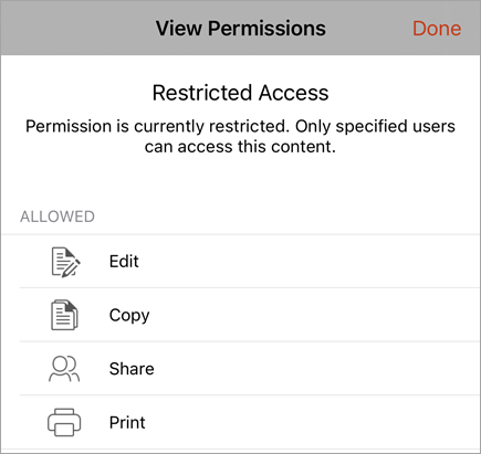 Screenshot of a dialog showing the users IRM rights.