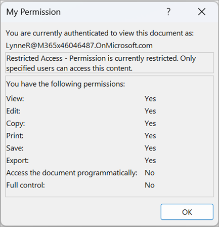 Screenshot of a dialog showing user permissions