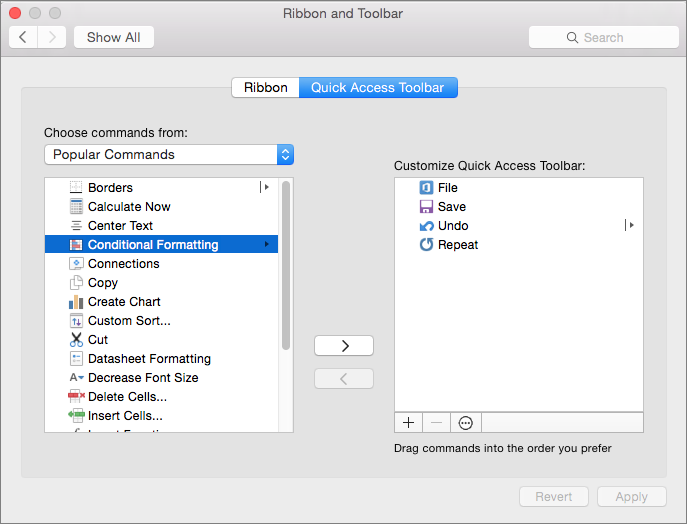 Screenshot of Mac Customize QAT dialog
