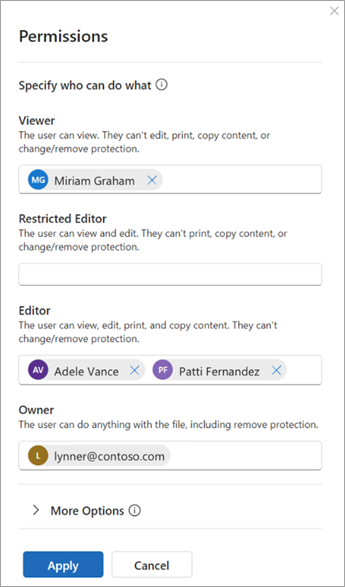 Screenshot of a dialog box titled Permissions with options to add users as viewers, restricted editors, editors, and owners.