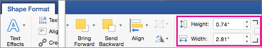 On the Shape Format tab, the Height and Width boxes are highlighted.