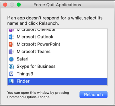 Shows Finder selected in the Force Quit Applications window.