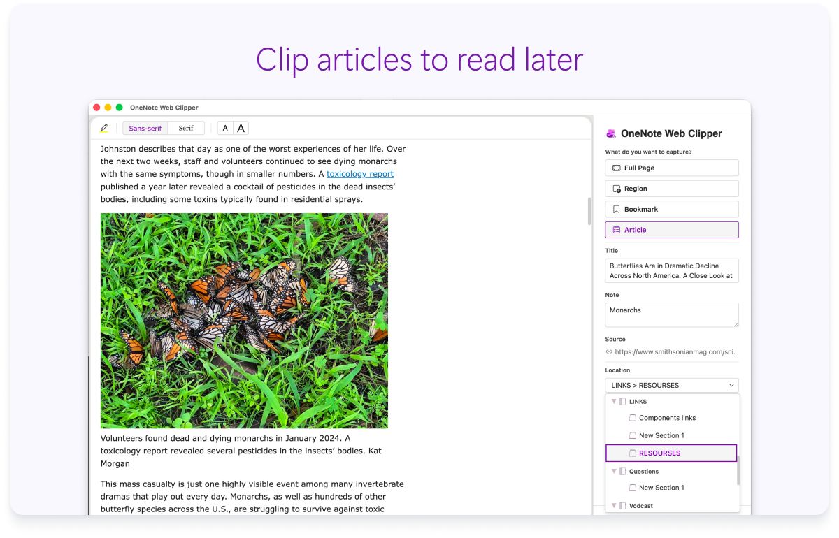 Screenshot of a web page with a side panel for settings. Text at the top says to clip articles to read later.
