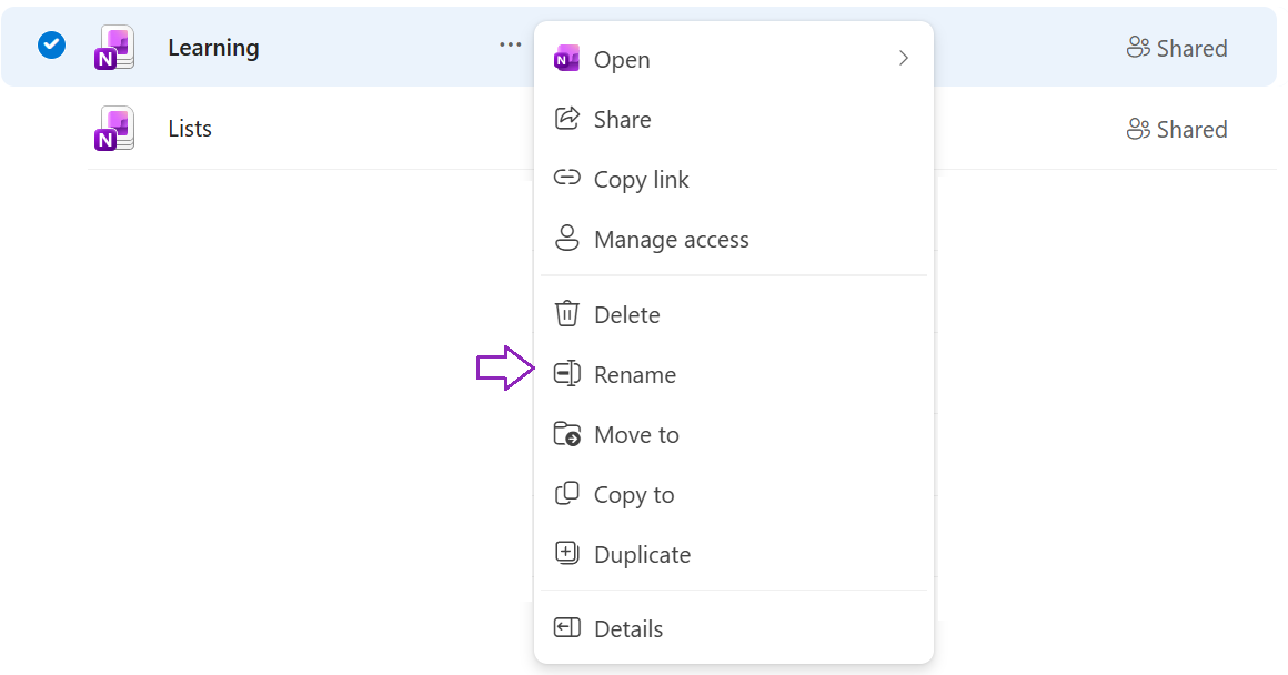 Screenshot showing context menu on notebook including rename option.
