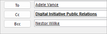 Select a contact name, and then select To, Cc, or Bcc to add the contact to the appropriate field.