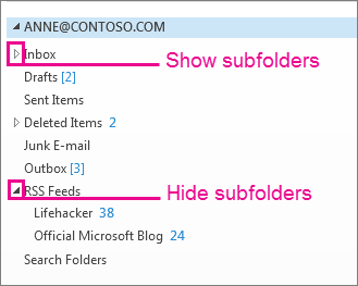 Screenshot shows the Show and hide subfolders.