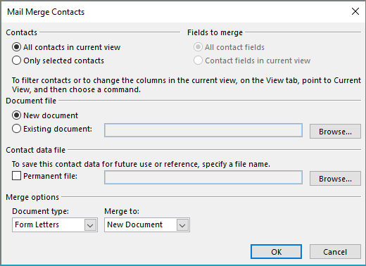 The Mail Merge Contacts dialog box, where you choose the contacts and fields to merge, the document file, and the merge options