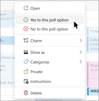 Right-click menu on a scheduling poll hold with voting options