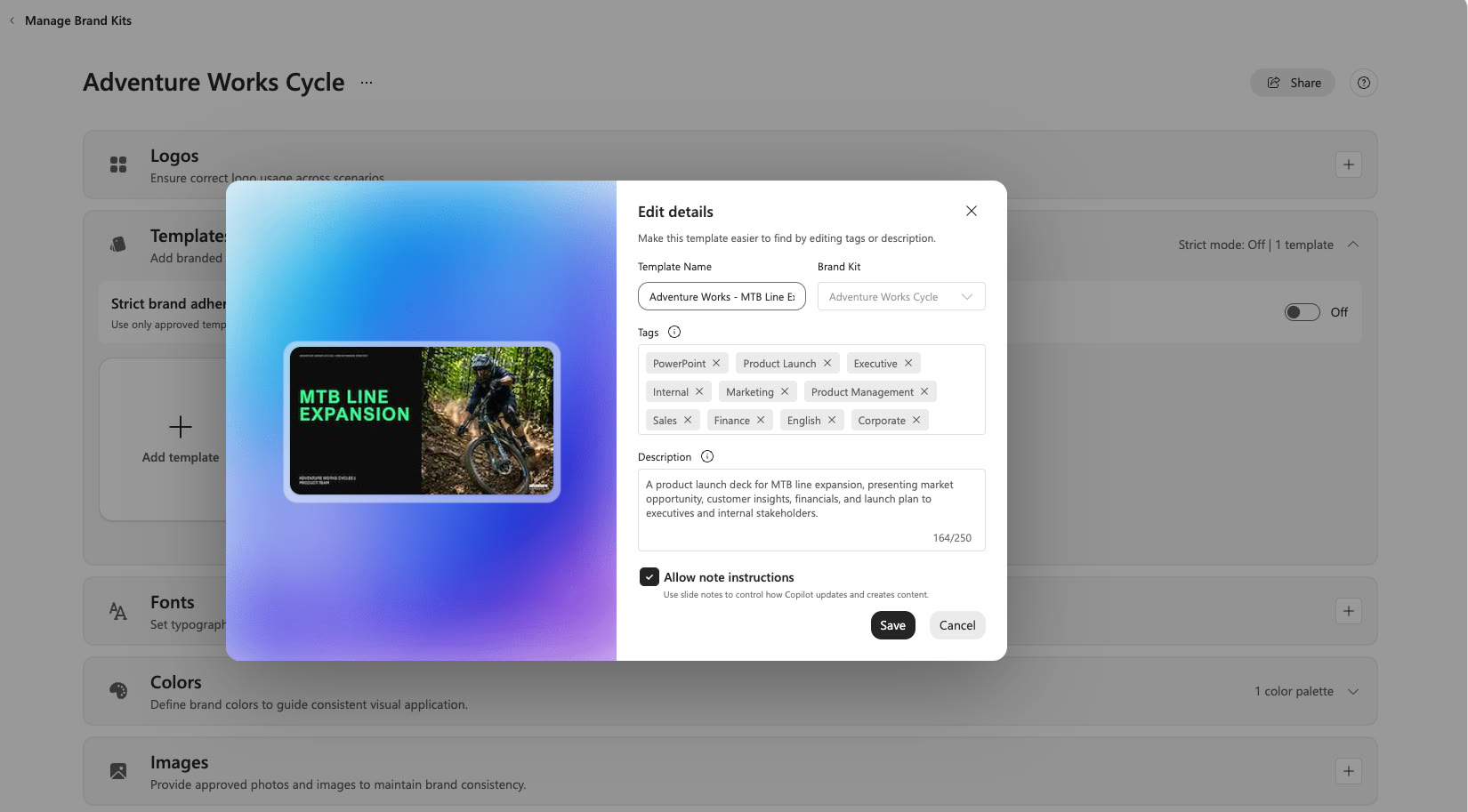 Screenshot that shows the Allow note instructions checkbox in the Edit details dialog for a template.
