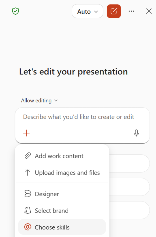 Screenshot that shows selecting Choose skills from the plus menu in the Copilot pane.