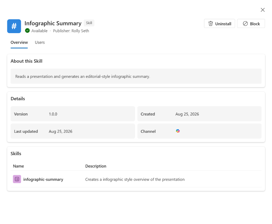 Screenshot that shows the details, users, version, and deployment status of a skill.