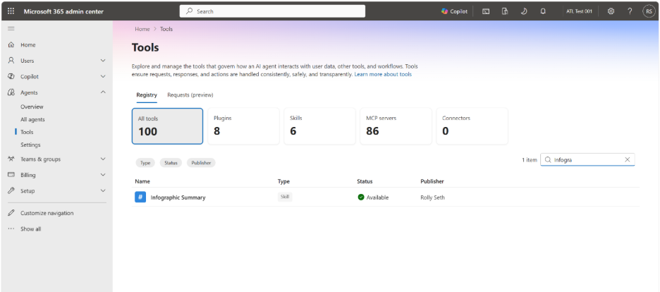 Screenshot that shows the deployed skill on the Tools page in the Microsoft 365 admin center.