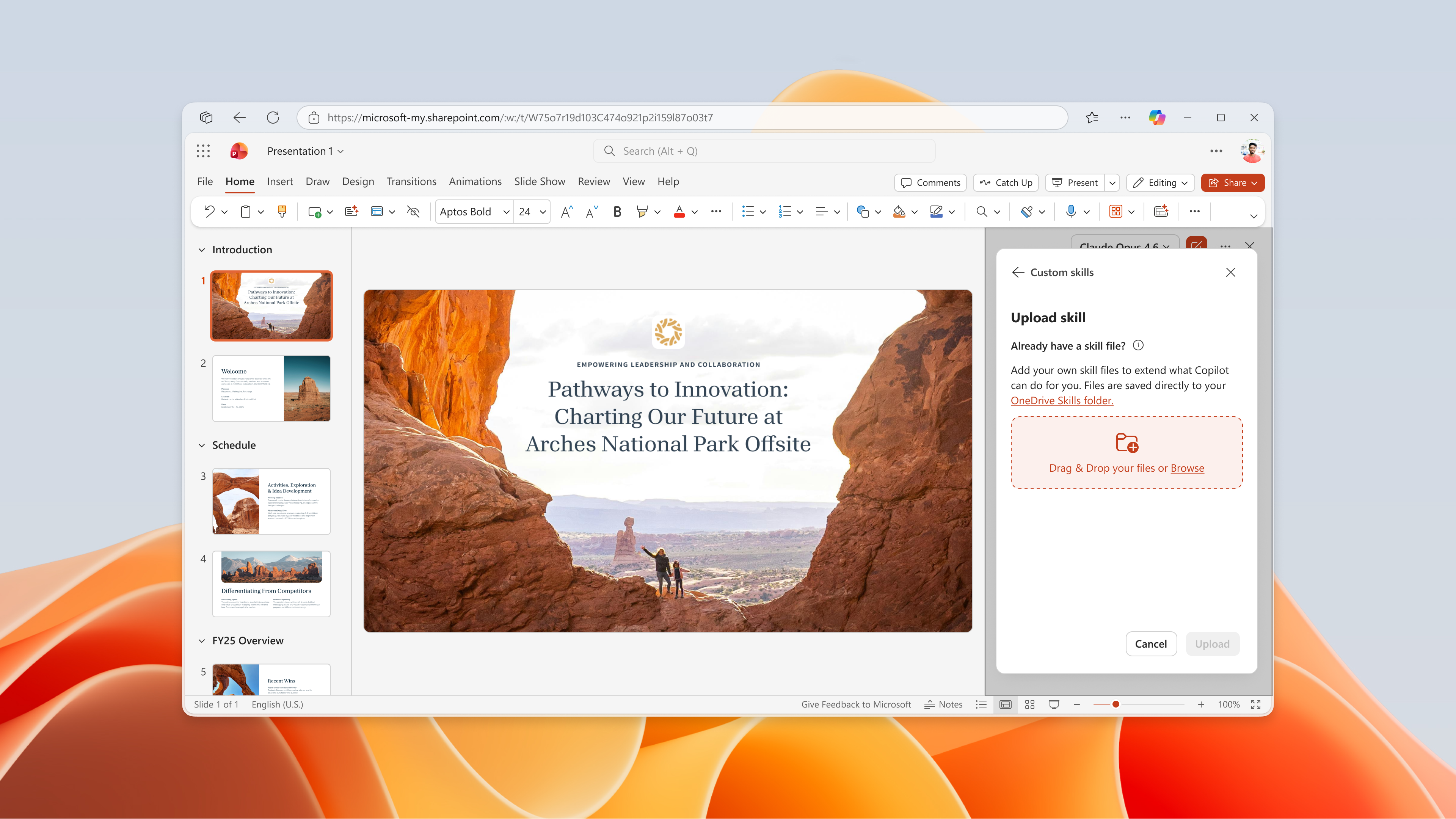 Screenshot that shows the upload custom skills UI in PowerPoint Copilot.