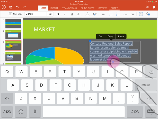 Drag a selection handle to select several words on iPad