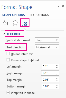 Screenshot showing the text direction in the Format Shape pane
