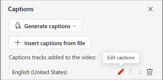 Screenshot showing the edit captions button for a captions track in the Captions pane.