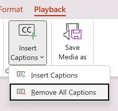 Screenshot that shows remove all captions for a video in PowerPoint.
