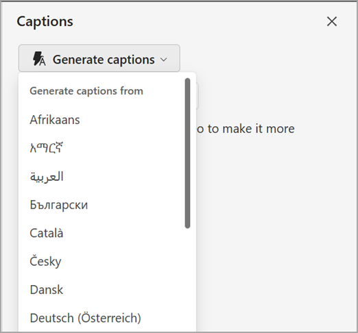 Screenshot showing the generate captions dropdown in the Captions pane.