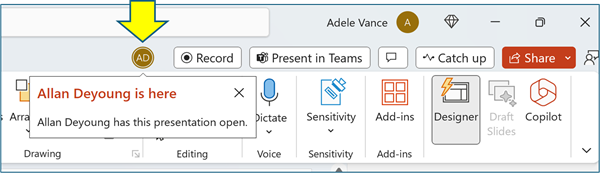 Screenshot showing the PowerPoint Collaboration Screen with person icon
