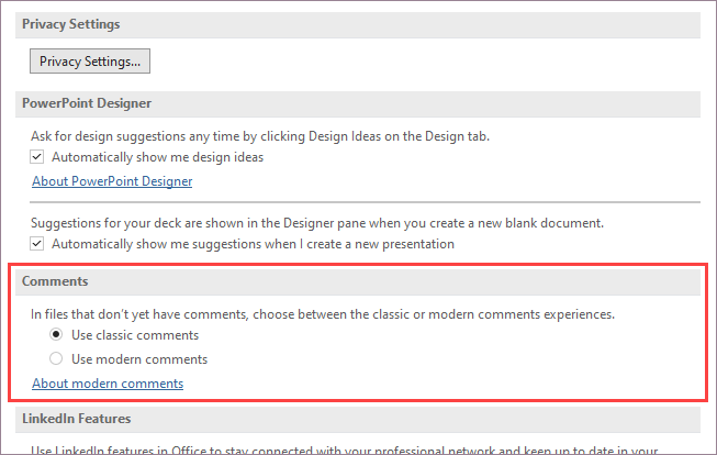 Screenshot showing Options for modern comments