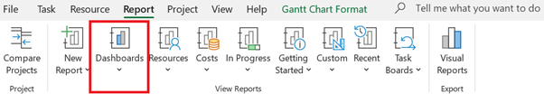 Dashboards button on the Report tab